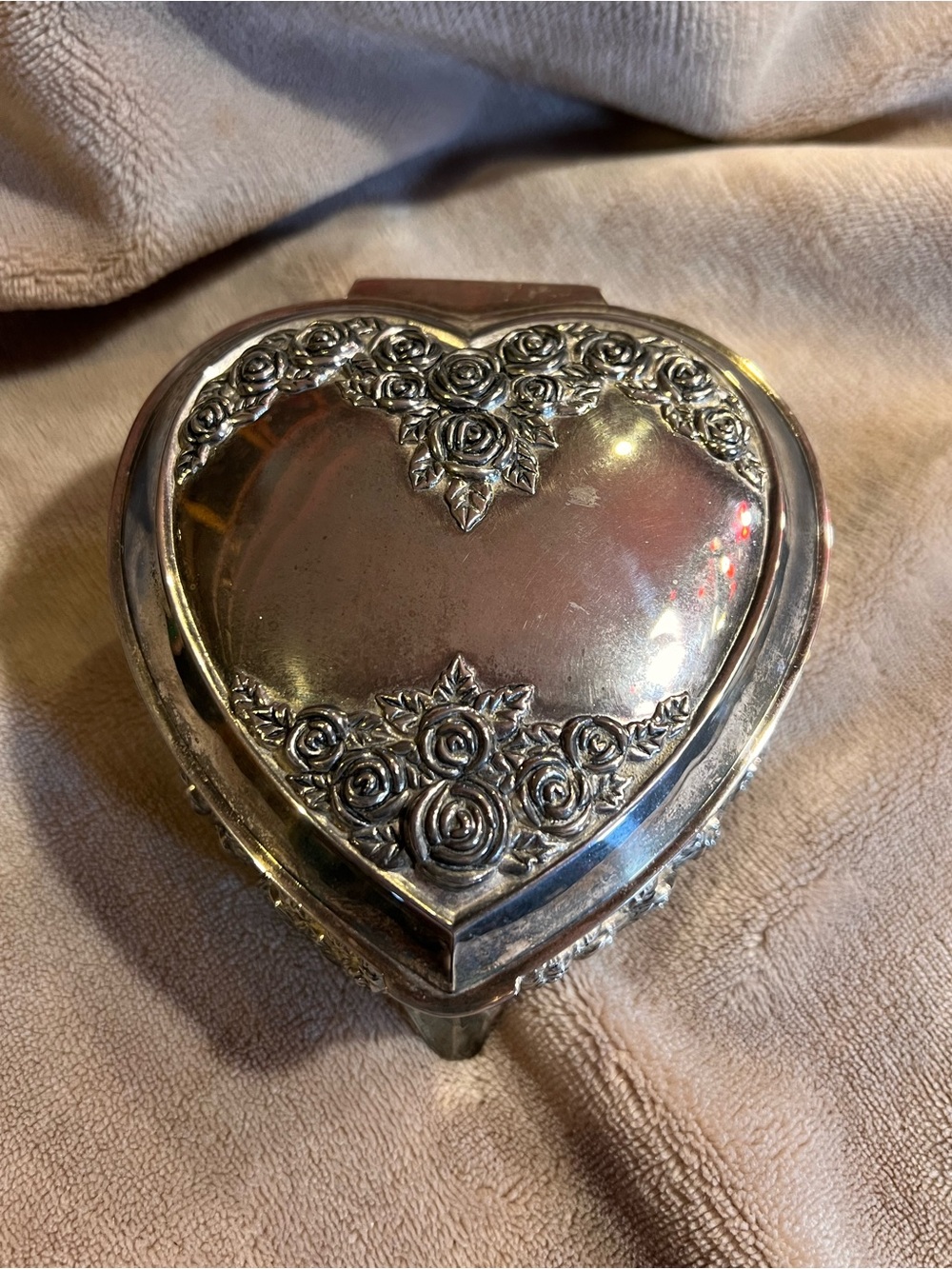 Vintage Silver Heart Trinket Jewelry Box with Floral Roses and Red Velvet